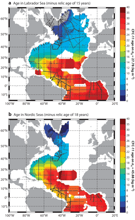 Effective number of years since water masses have been in contact with the atmosphere based on CFC concentrations. The upper panel is at a depth of ~1500 m, the lower panel is at a depth of ~4000 m. Data were collected in the 1990s. Black dots indicate station locations. (Fine 2011) 